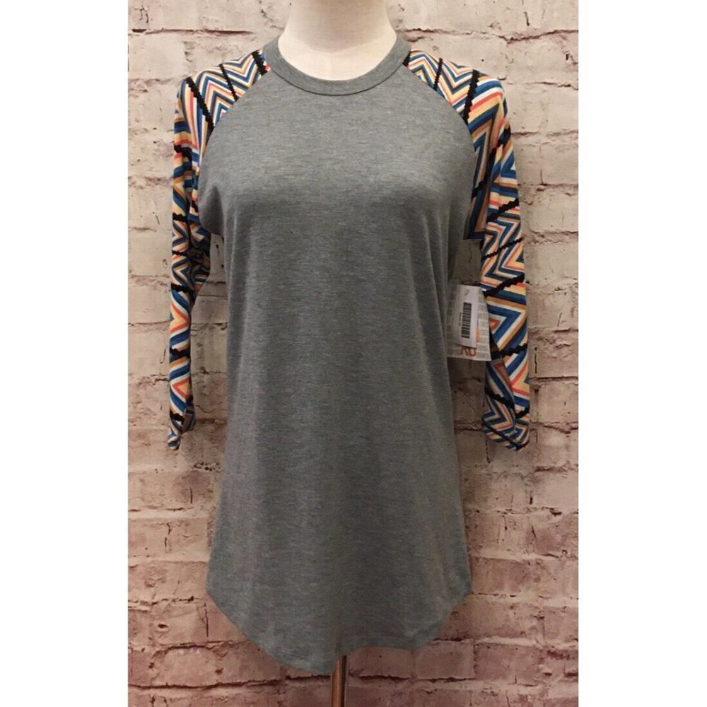LuLaRoe RANDY Baseball T- Shirt Size XS Gray with Multicolor Sleeves Stretch NEW